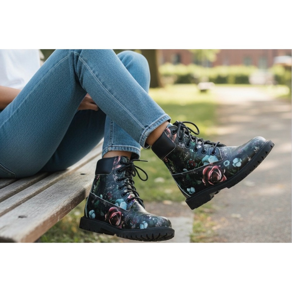 Timberland 6" Heritage Lace Up Boots Black Floral Edgy Feminine Womens Size 6